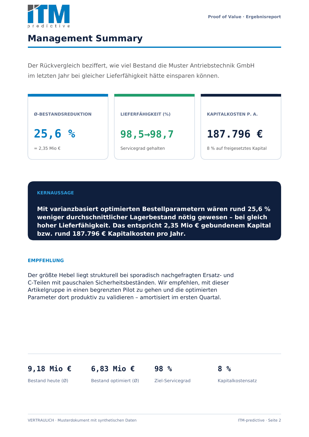 Management summary of the sample result report